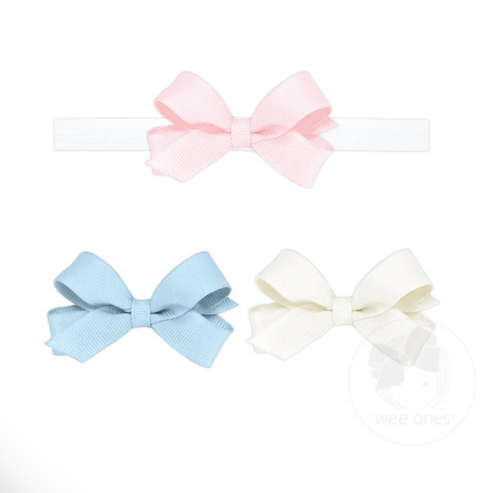 GIFT PACK! Three Tiny Grosgrain Hair Bows and One Add-A-Bow Band, Light Pink, Blue, & Off White