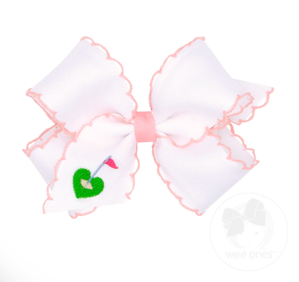 Medium Golf Green Embroidered Moonstitch Edge Hair Bow