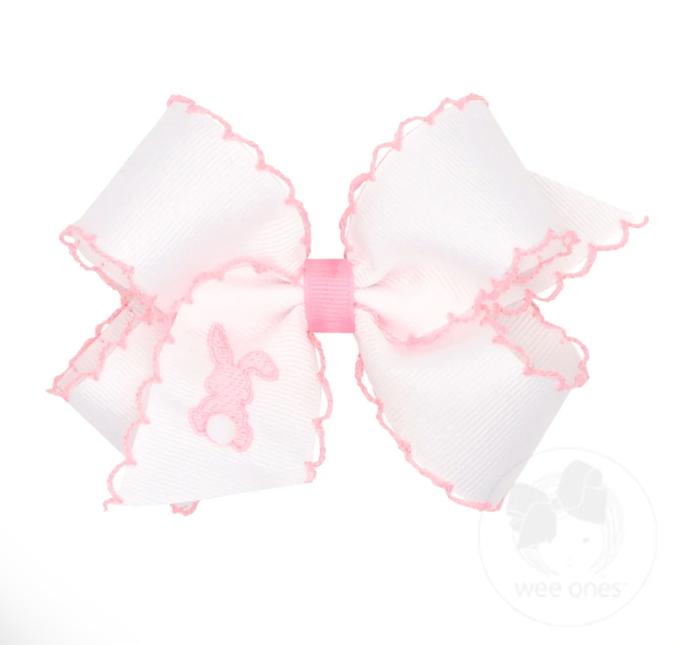 Medium Moonstitch Grosgrain Hair Bow with Easter-Inspired Embroidery, Pink Bunny