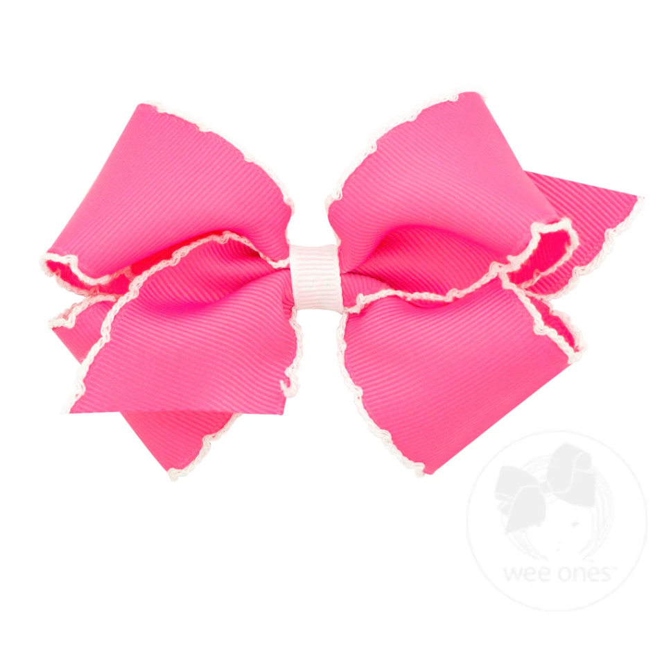 Mini Moonstitch Grosgrain Hair Bow with Contrasting Wrap, Hot Pink with White