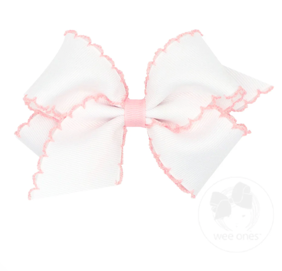 Mini Moonstitch Grosgrain Hair Bow with Contrasting Wrap, White with Light Pink