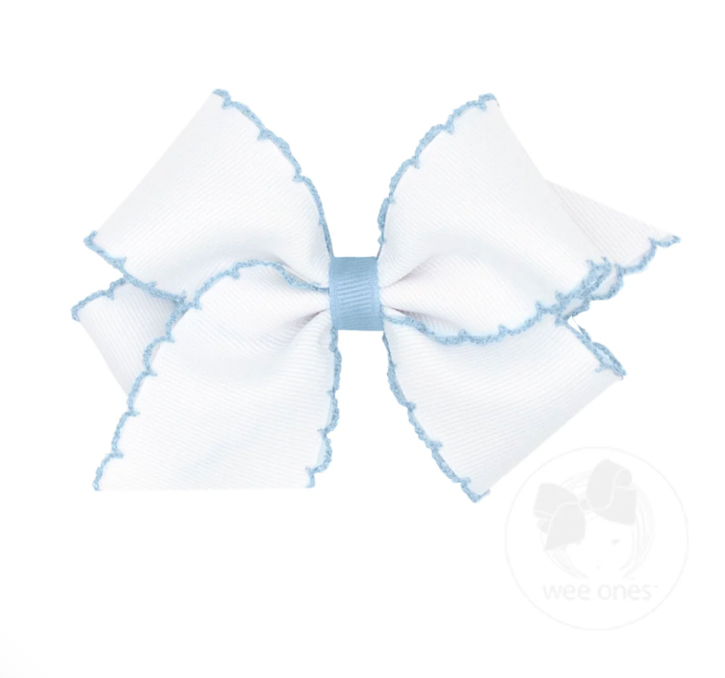 Mini Moonstitch Grosgrain Hair Bow with Contrasting Wrap, White with Blue