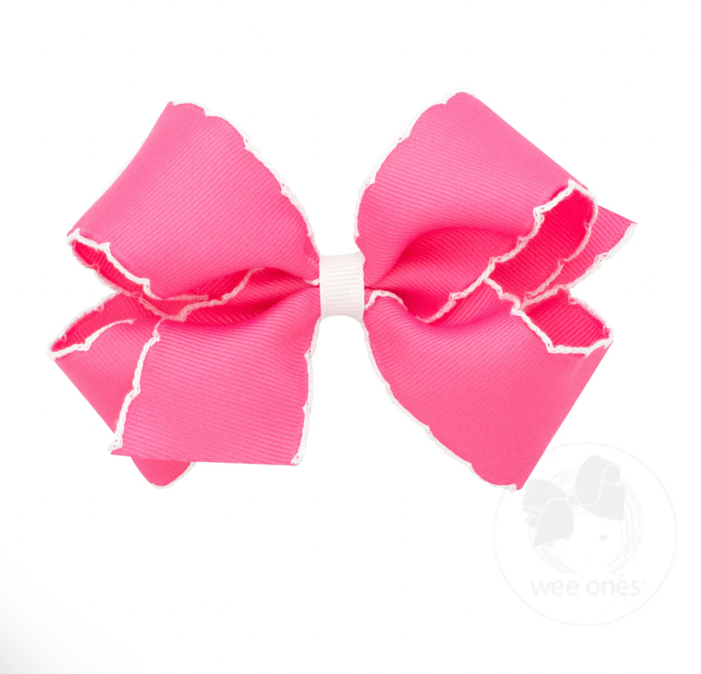 Medium Moonstitch Grosgrain Hair Bow with Contrasting Wrap, Hot Pink with White
