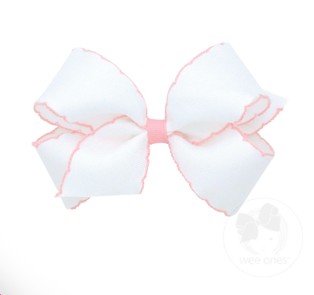 Medium Moonstitch Grosgrain Hair Bow with Contrasting Wrap, White with Light Pink