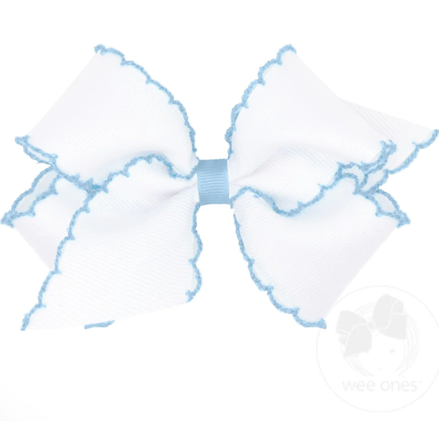 Medium Moonstitch Grosgrain Hair Bow with Contrasting Wrap, White with Blue
