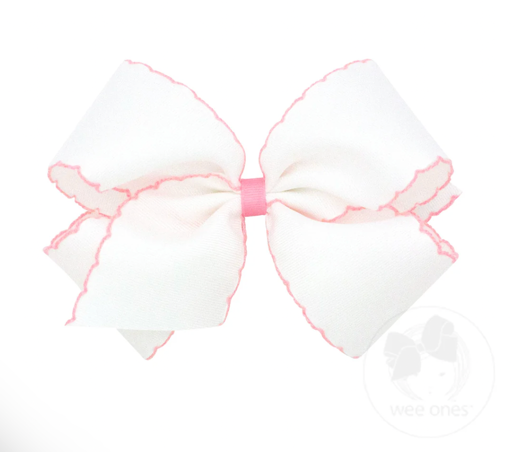 King Moonstitch Grosgrain Hair Bow with Contrasting Wrap, White with Light Pink