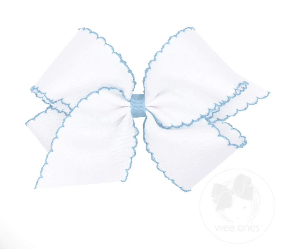 King Moonstitch Grosgrain Hair Bow with Contrasting Wrap, White with Blue