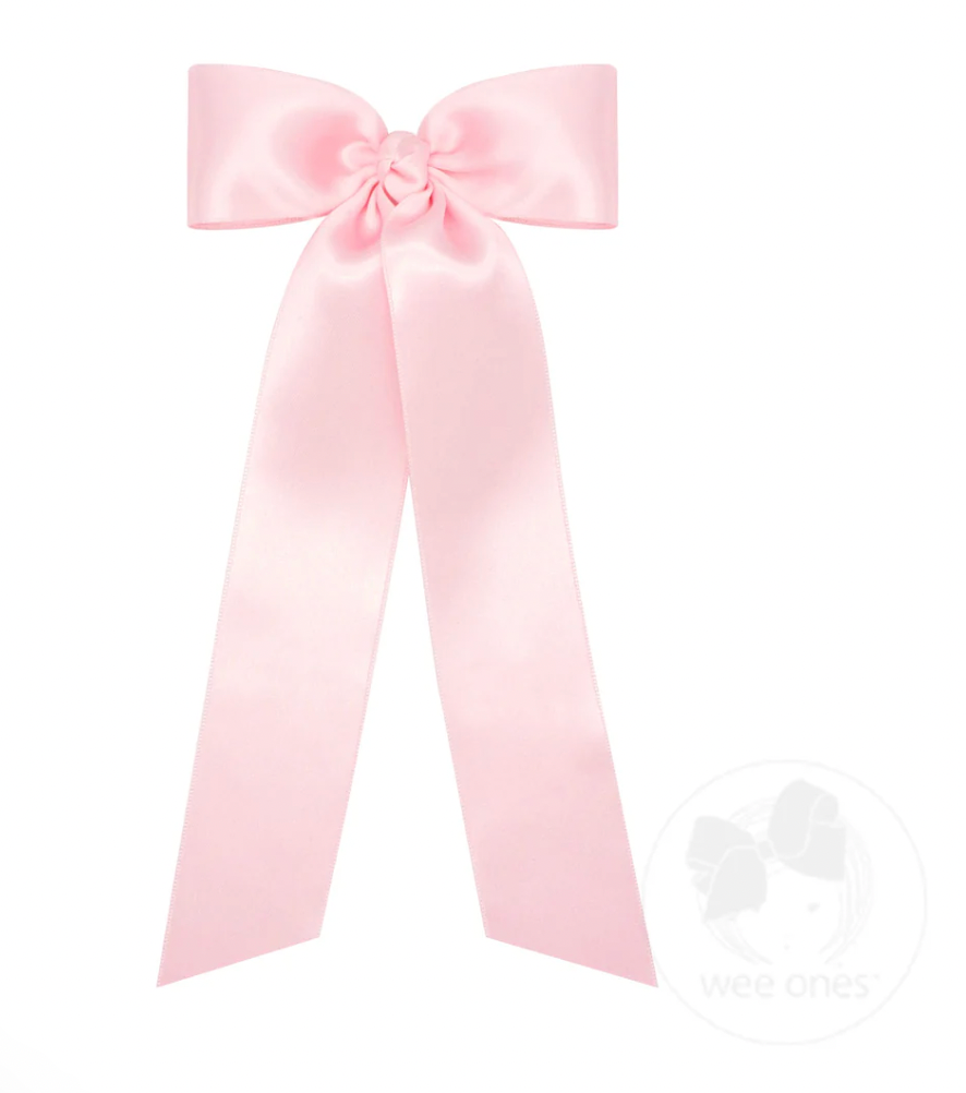 Medium French Satin Hair Bowtie with Knot Wrap and Streamer Tails, Light Pink