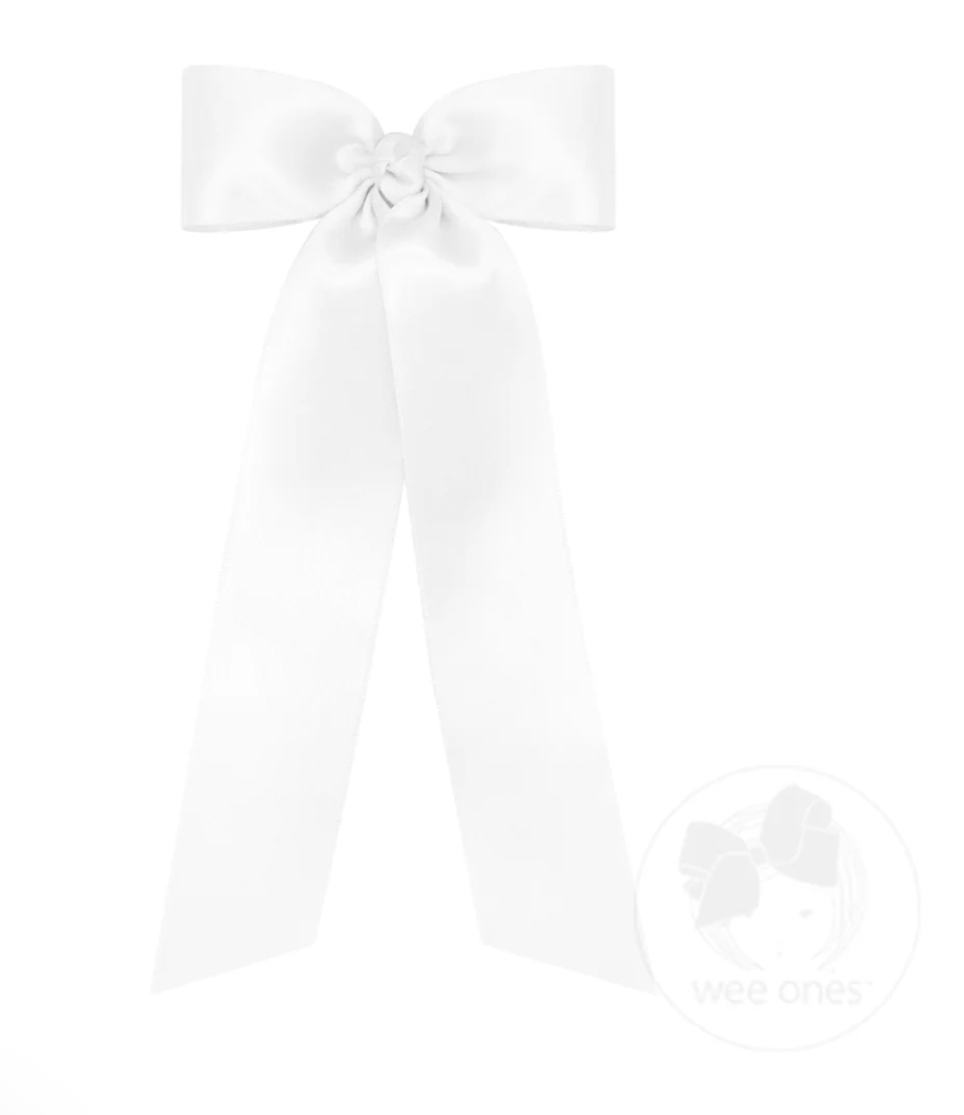 Medium French Satin Hair Bowtie with Knot Wrap and Streamer Tails, White