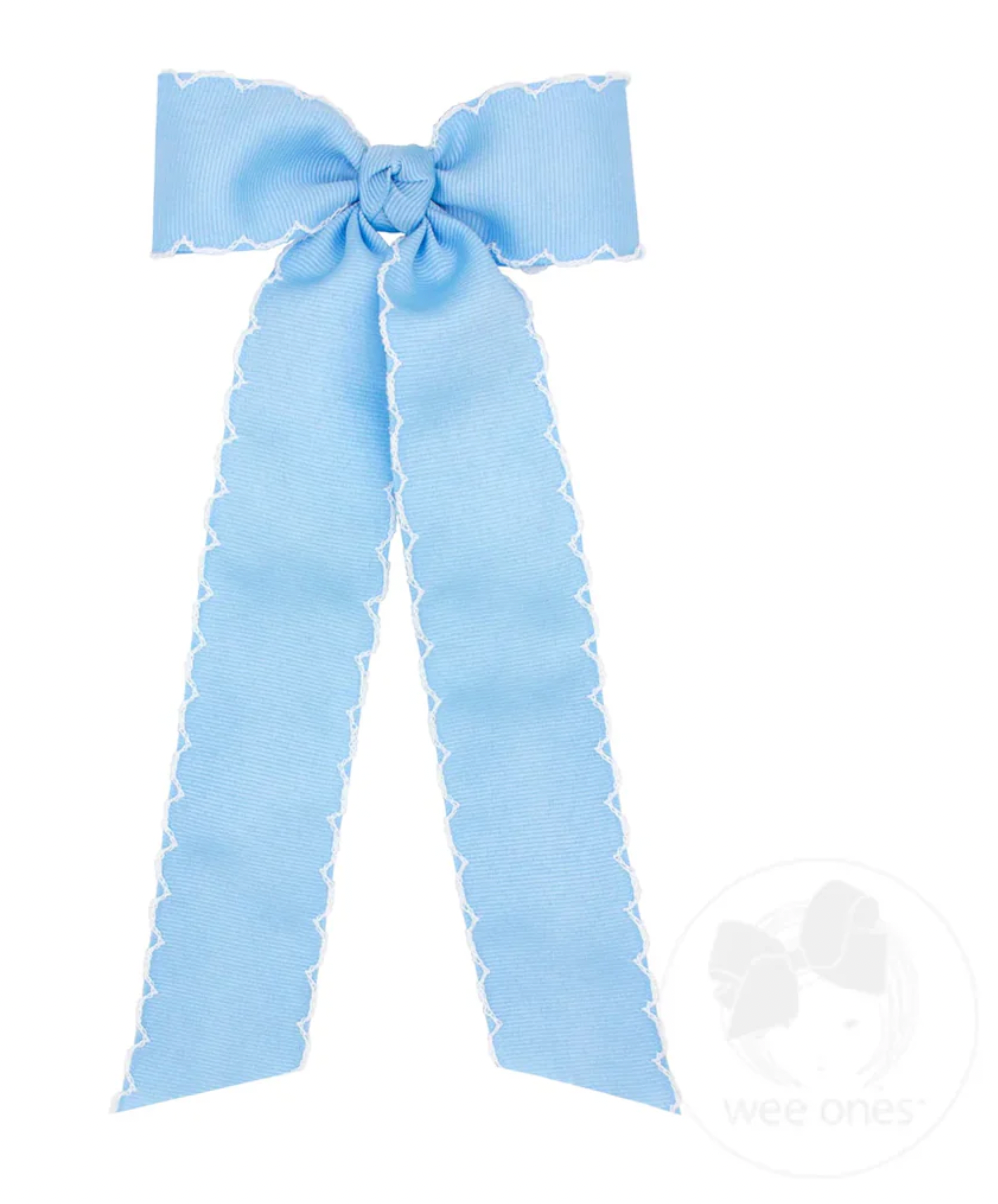 Medium Grosgrain Moonstitch Hair Bowtie with Knot Wrap and Streamer Tails, Blue with White