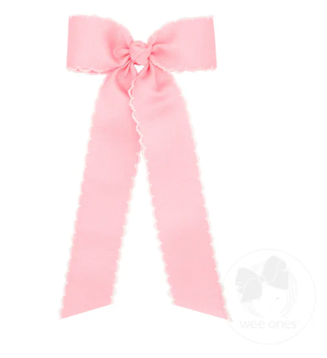 Medium Grosgrain Moonstitch Hair Bowtie with Knot Wrap and Streamer Tails, Light Pink with White