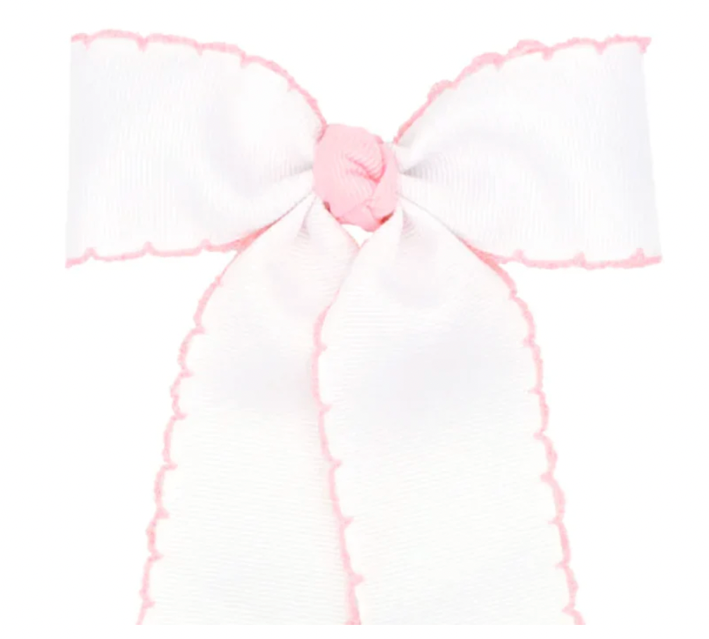 Medium Grosgrain Moonstitch Hair Bowtie with Knot Wrap and Streamer Tails, White with Light Pink
