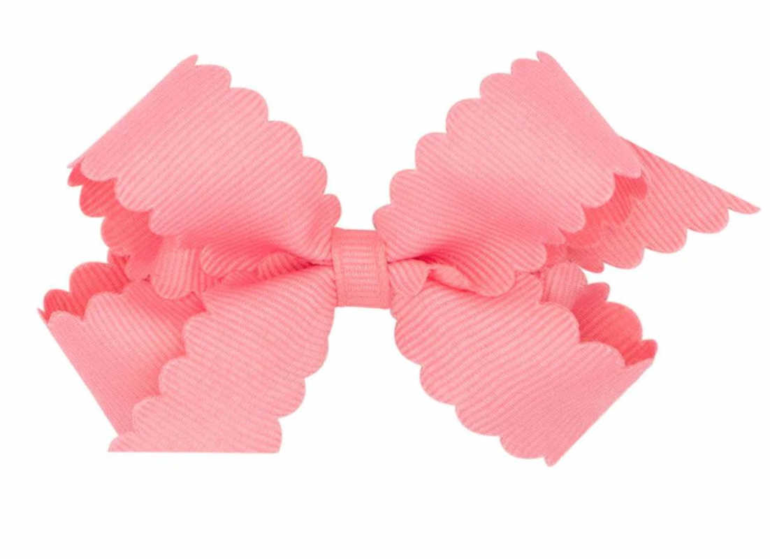 Mini Grosgrain Hair Bow with Scalloped Edge, Light Coral