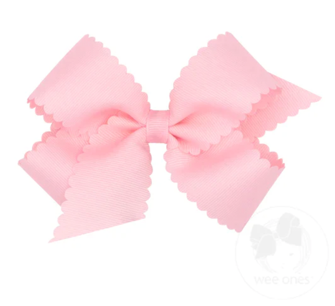 Mini Grosgrain Hair Bow with Scalloped Edge, Light Pink