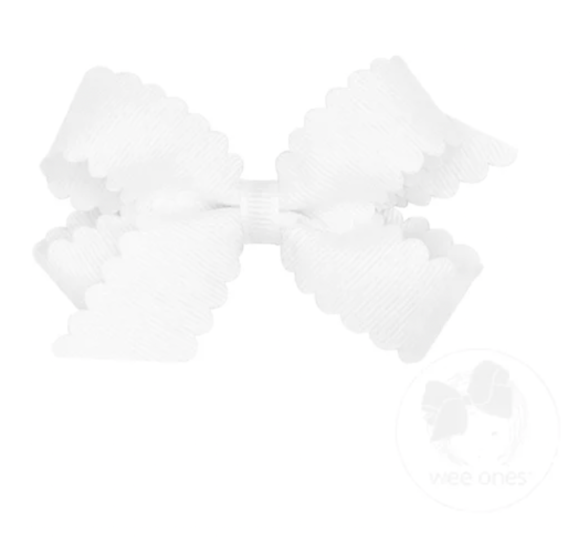 Mini Grosgrain Hair Bow with Scalloped Edge, White
