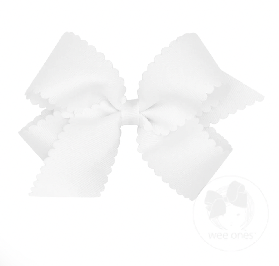 Medium Grosgrain Hair Bow with Scalloped Edge, White