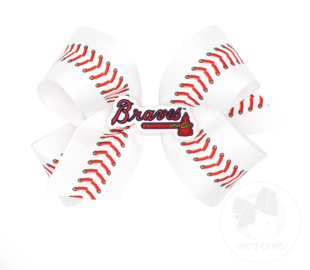 Medium Atlanta Braves Baseball Stitch Print Hair Bow with Badge