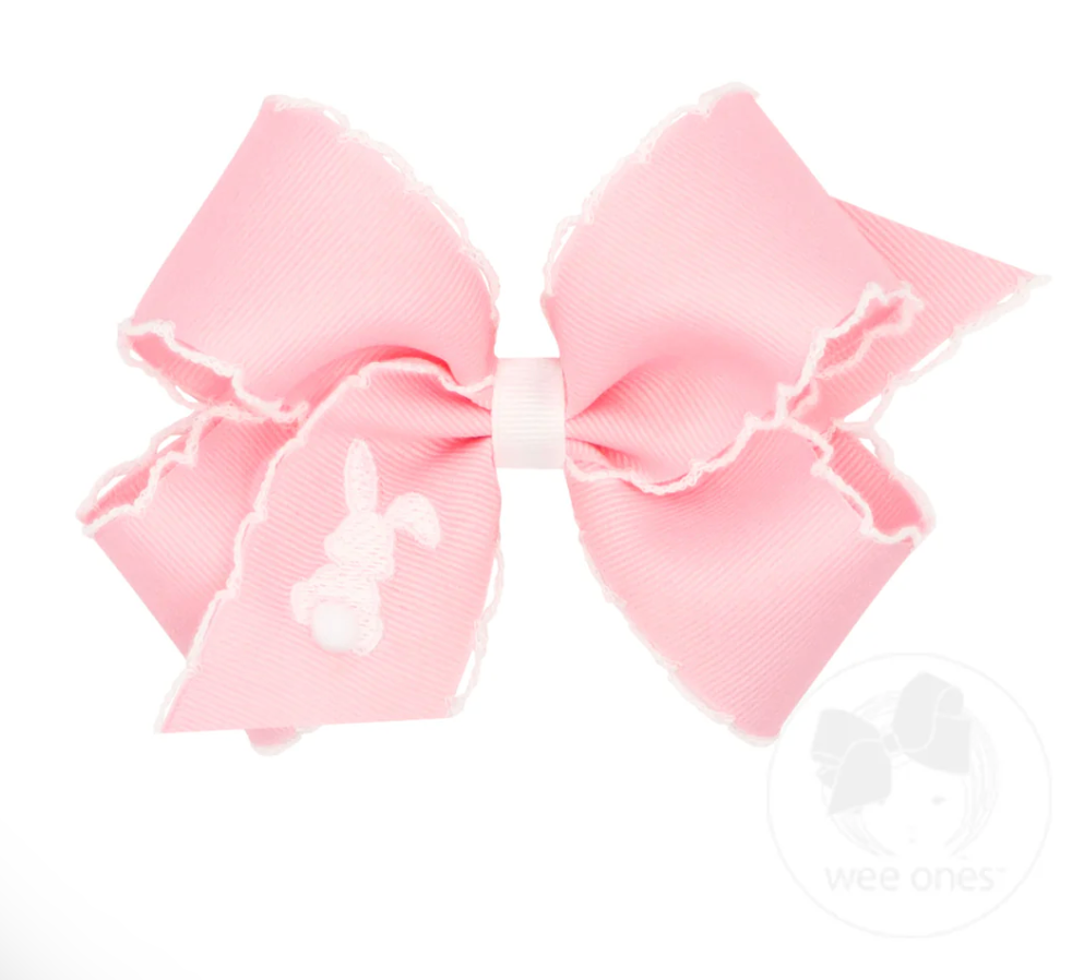 Medium Moonstitch Grosgrain Hair Bow with Easter-Inspired Embroidery, White Bunny