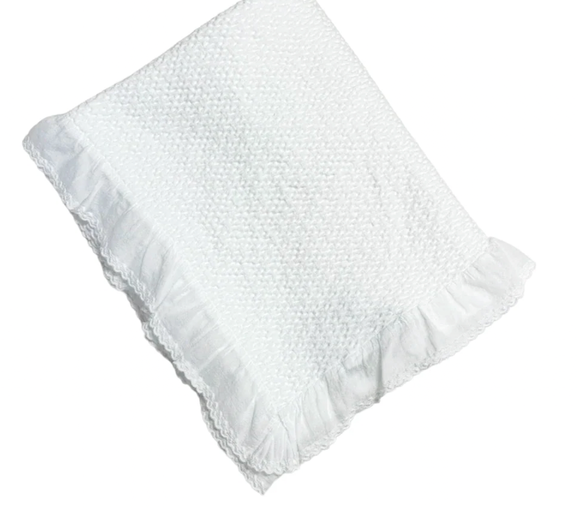 Stonewashed Puckered Blanket with Dotted Swiss Ruffle- White