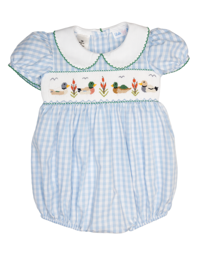 Rosie Mallard Duck Smocked Waist Bubble with White Peter Pan Collar
