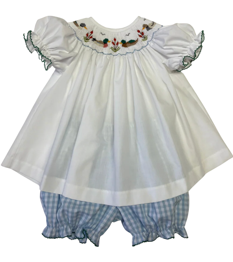 Emma Mallard Duck Smocked White Top Bloomer Set