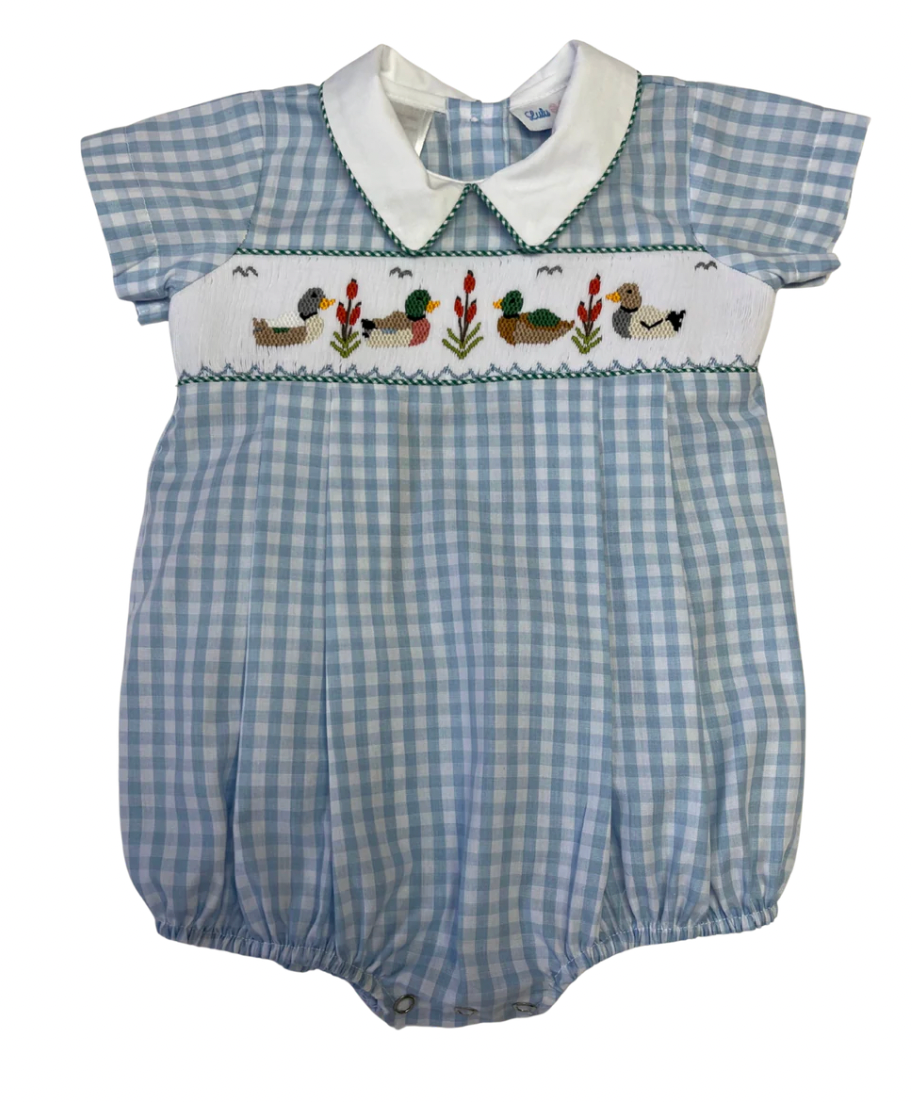 Blake Mallard Duck Smocked Bubble with White Collar with Pintucks
