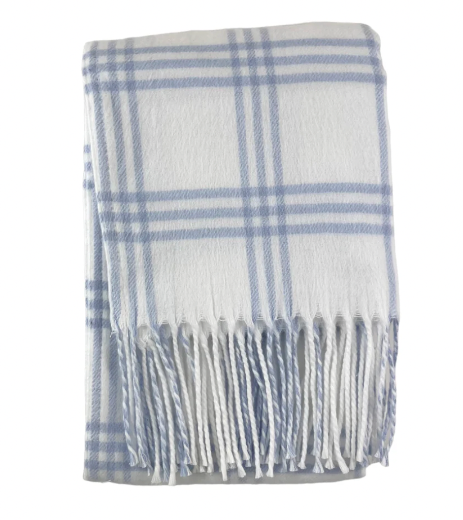 Window Pane Check Flannel with Fringe White with Blue