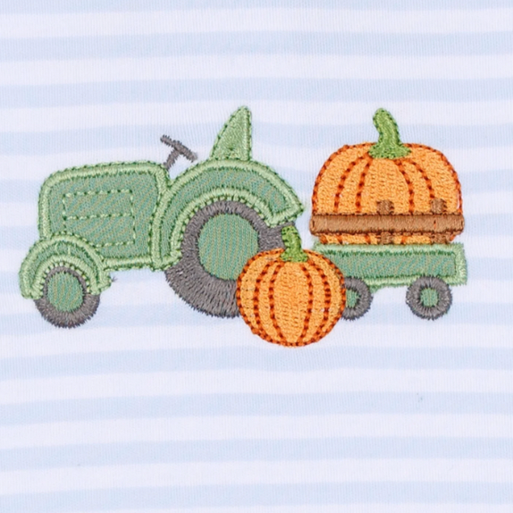 Pumpkin Tractor Applique Zip Footie - Light Blue