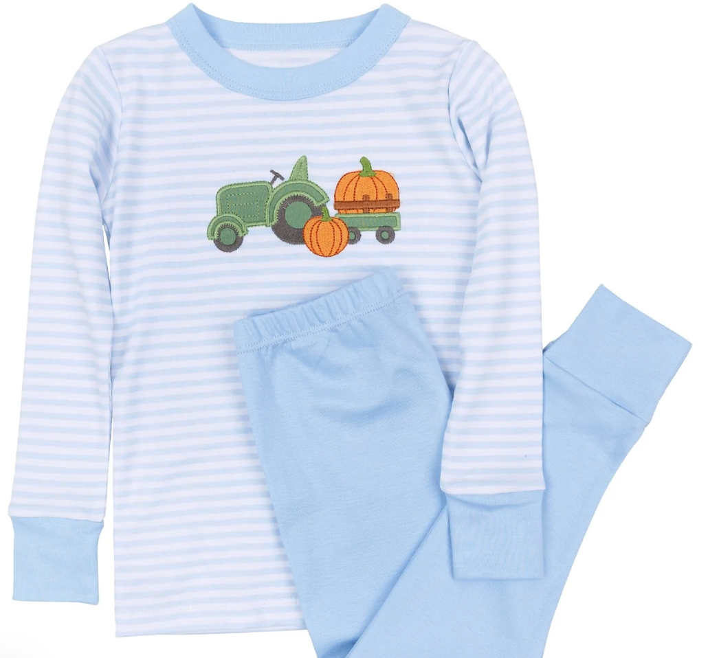 Pumpkin Tractor Applique Long Pajamas - Light Blue