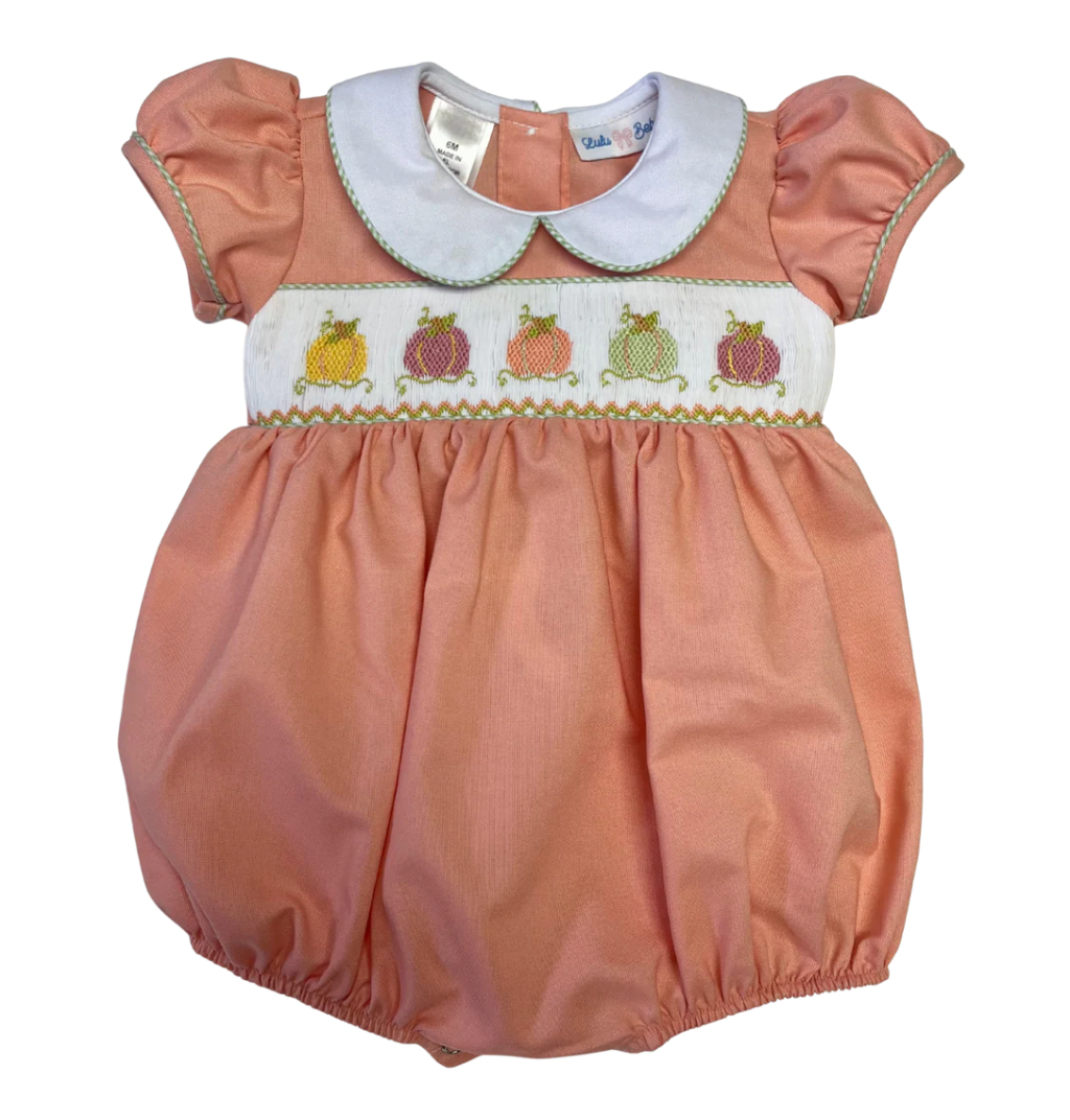 Rosie Pumpkin Smocked Girl Waist Bubble with Ruffle White Collar and Orange Pico Edge