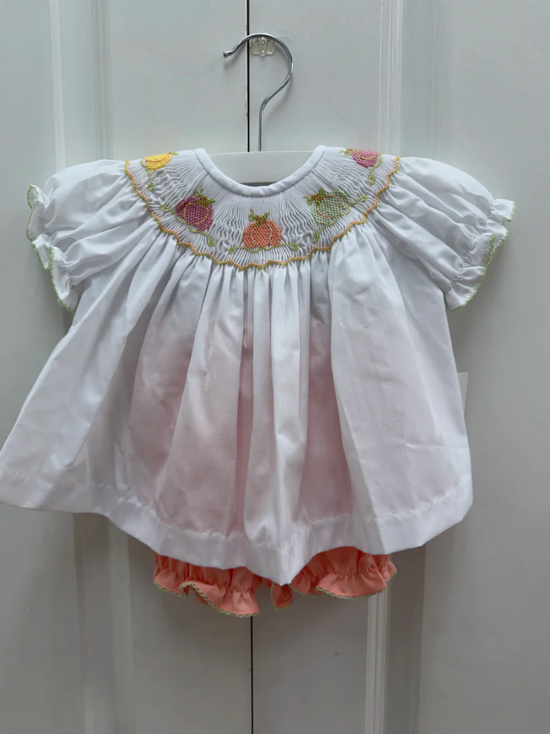Emma Pumpkin Smocked White Top Bloomer Set