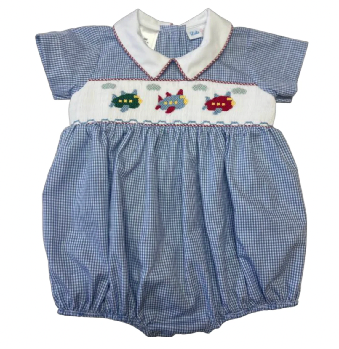 Noah Airplane Smocked Bubble with White Collar