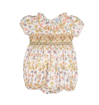 Rosie Orange Floral Smocked Waist Bubble with Ruffle Collar