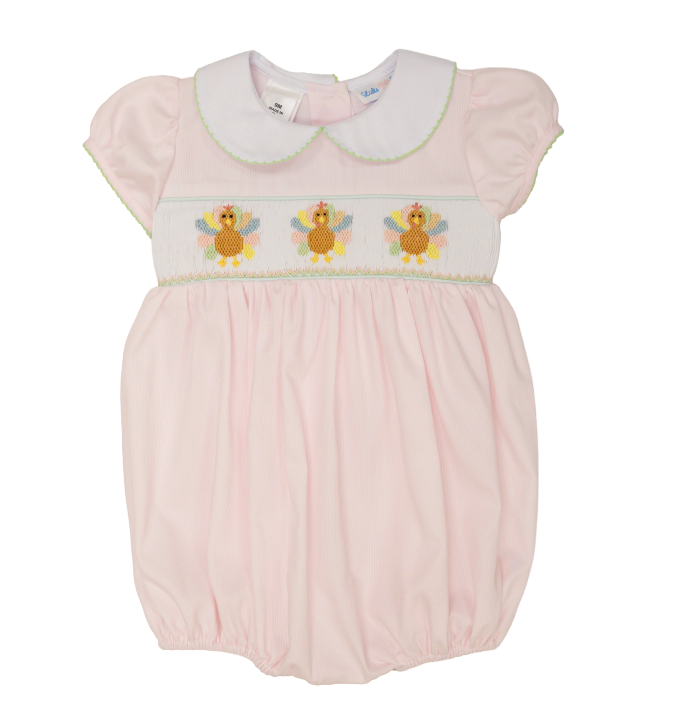 Rosie Turkeys Smocked Waist Bubble with White Peter Pan Collar
