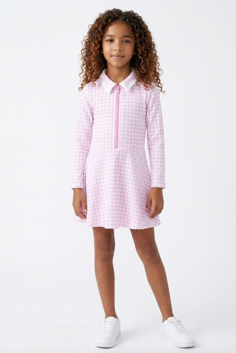 Pink Gingham Long Sleeve Tennis Dress