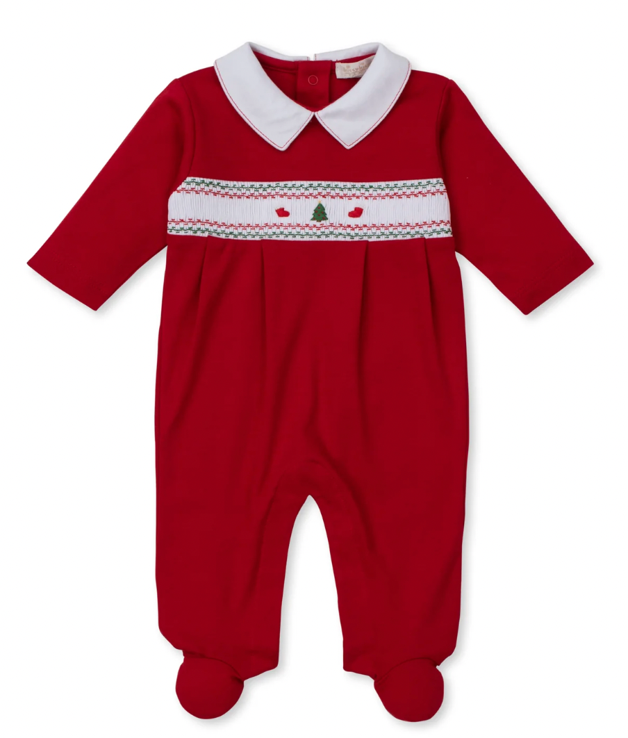 Holiday Medley Hand Smocked Christmas Tree Footie with Collar