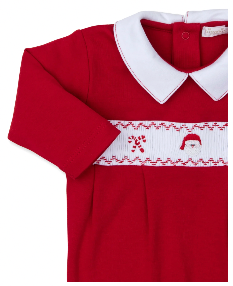 Holiday Medley Hand Smocked Santa Footie with Collar