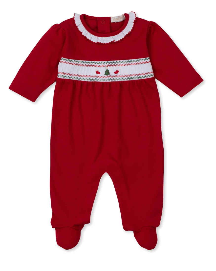Holiday Medley Hand Smocked Christmas Tree Footie with Ruffles