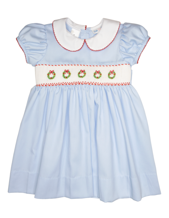 Rose Christmas Wreath Smocked Waist Dress w/ Peter Pan Collar