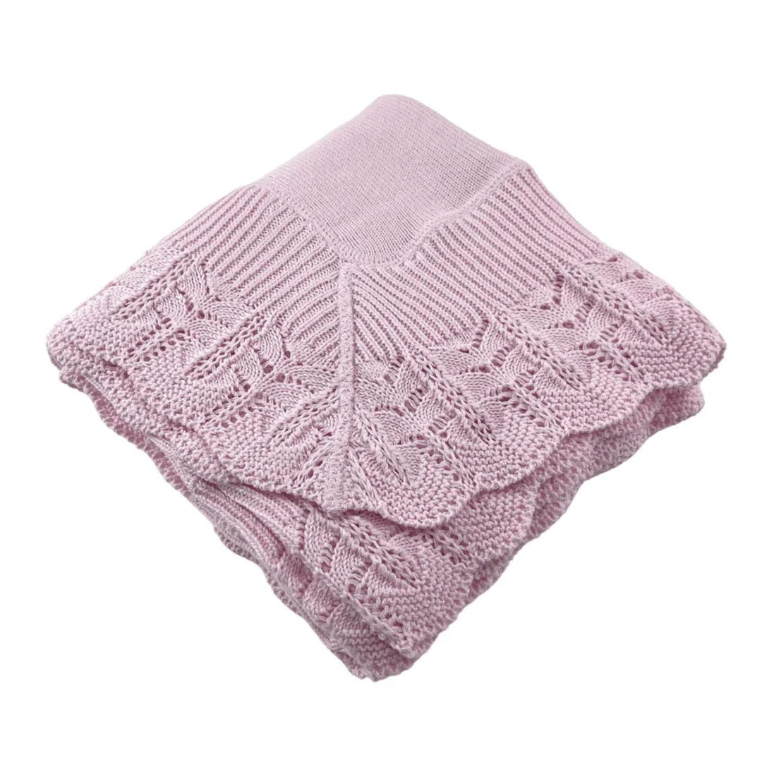 Cotton Jersey Baby Blanket with Knitted Scallop Lace Border- Pink