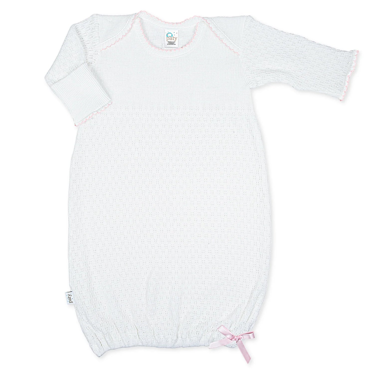 Knit Overlap Shoulder Gown with Pink Trim & Bow - Paty